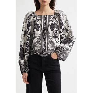 NWT Farm Rio Women’s XXS Flower Leopard Blouse Puff Sleeve Chic Boho Vacation